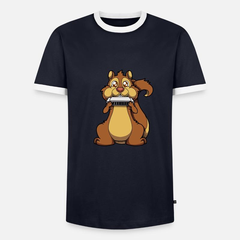 Comic Squirrel Playing Harmonica - Men's Ringer Shirt - navy/white 