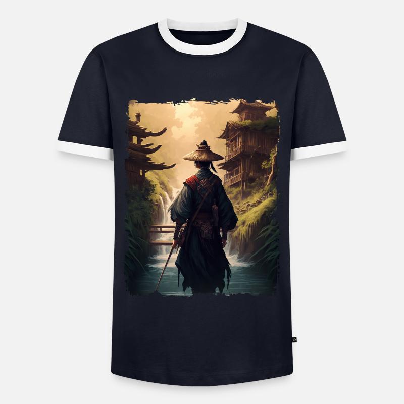 Samurai Japanese Temple Waterfall - Men's Ringer Shirt - navy/white 
