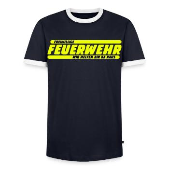 Feuerwehr Spruch Shirt – Wir helfen dir da raus - Männer Kontrast-T-Shirt - Navy/Weiß  - Vorne - AI Model Female 172 light (172cm) & AI Model Male 178 light (178cm)