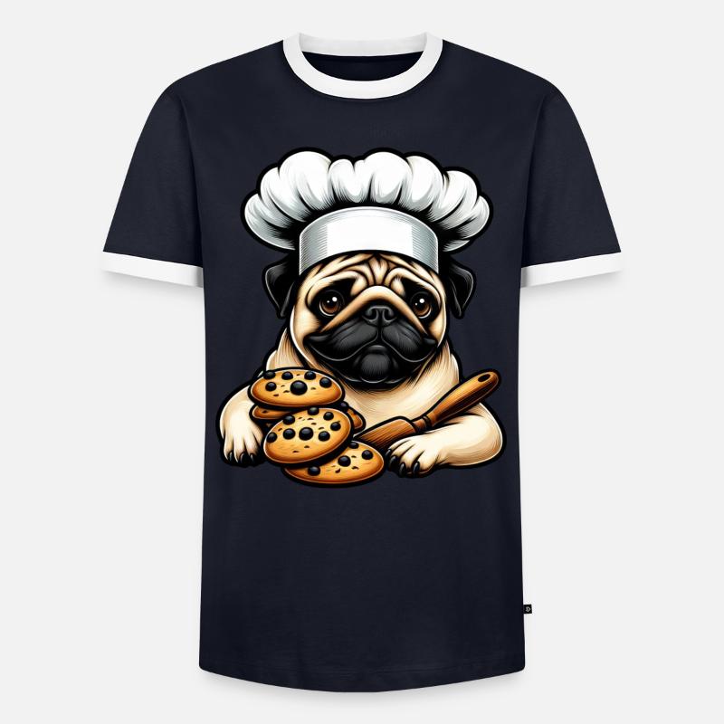 Mops Koch mit Cookie - Männer Kontrast-T-Shirt - Navy/Weiß 