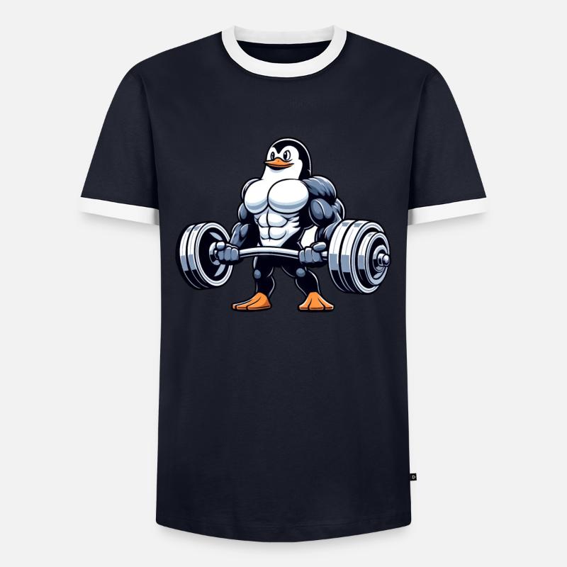Penguin strength training with dumbbell - Men's Ringer Shirt - navy/white 