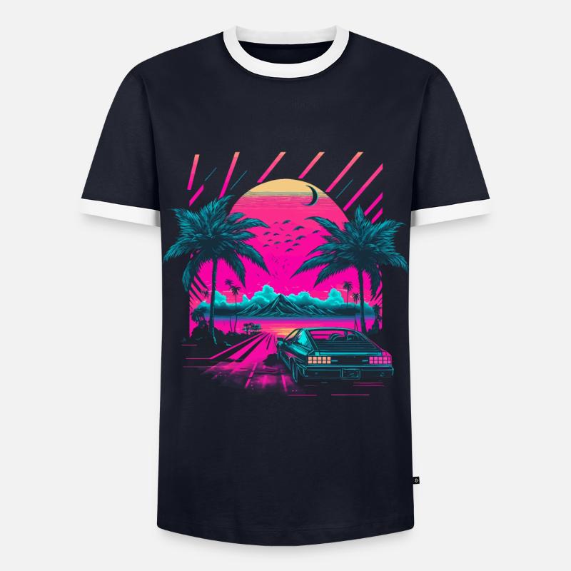Synthwave Palm Beach - Männer Kontrast-T-Shirt - Navy/Weiß 
