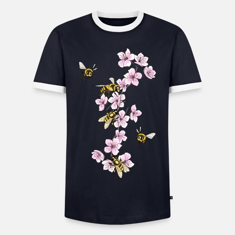 Bees on cherry blossoms - Men's Ringer Shirt - navy/white 