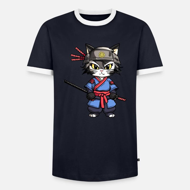 Samurai-Katze #24 - Männer Kontrast-T-Shirt - Navy/Weiß 