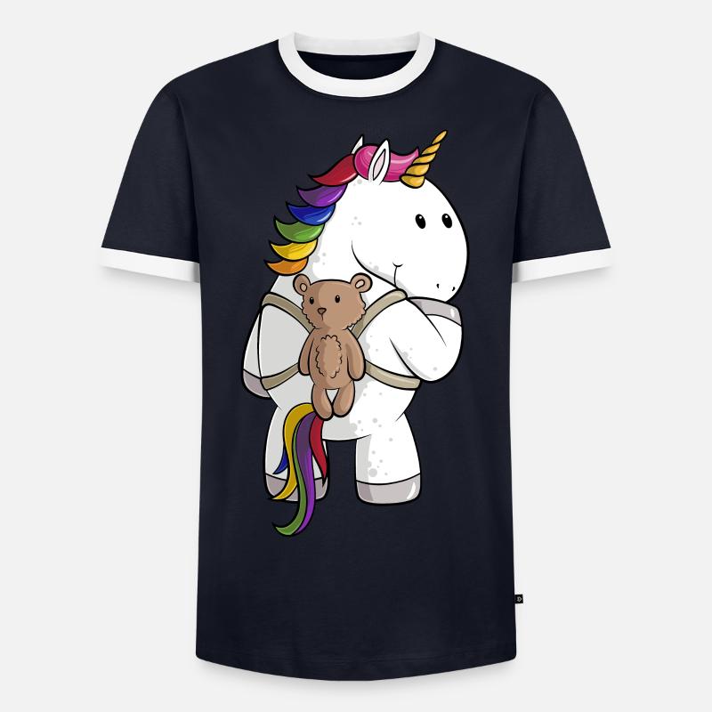 Comic Einhorn mit Rucksack - Männer Kontrast-T-Shirt - Navy/Weiß 