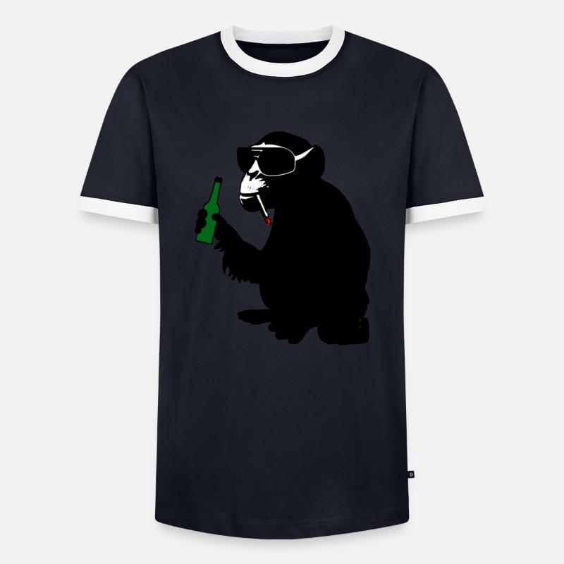monkey with beer bottle - Men's Ringer Shirt - navy/white