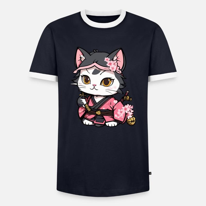 Samurai Katze & Kirschblüten #12 - Männer Kontrast-T-Shirt - Navy/Weiß