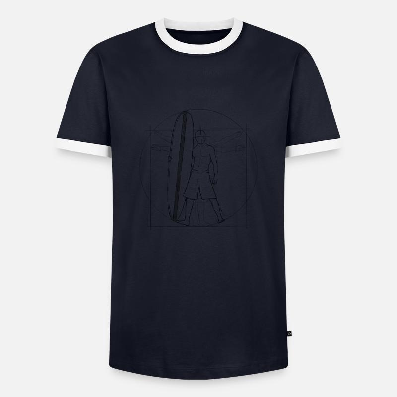 Vitruvian man surfer with surfboard - Men's Ringer Shirt - navy/white 