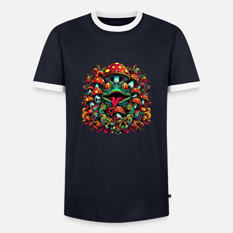 Psychedelic frog with mushrooms - Men's Ringer Shirt - navy/white 