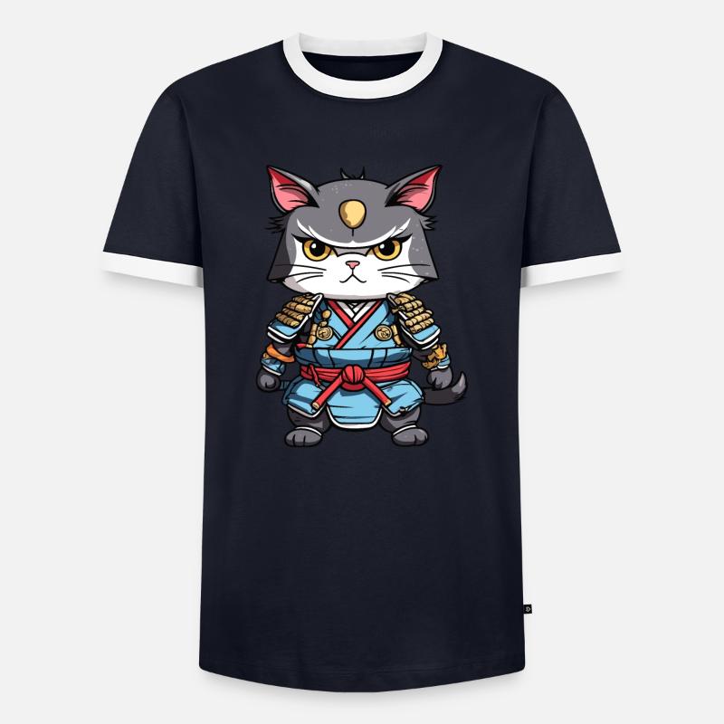 Samurai Cat #14 - Men's Ringer Shirt - navy/white