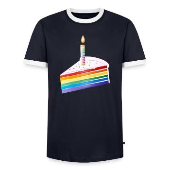Piece of rainbow cake with birthday candle - Men's Ringer Shirt - navy/white  - Front - AI Model Female 172 light (172cm) & AI Model Male 178 light (178cm)