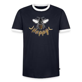 Happy bee with 'Happy' lettering - Men's Ringer Shirt - navy/white  - Front - AI Model Female 172 light (172cm) & AI Model Male 178 light (178cm)