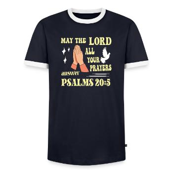 Psalm 20:5 May the Lord... - Men's Ringer Shirt - navy/white  - Front - AI Model Female 172 light (172cm) & AI Model Male 178 light (178cm)