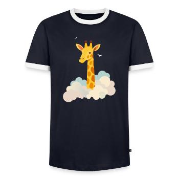 Gentle giraffe above the clouds – Dreamlike motif - Men's Ringer Shirt - navy/white  - Front - AI Model Female 172 light (172cm) & AI Model Male 178 light (178cm)