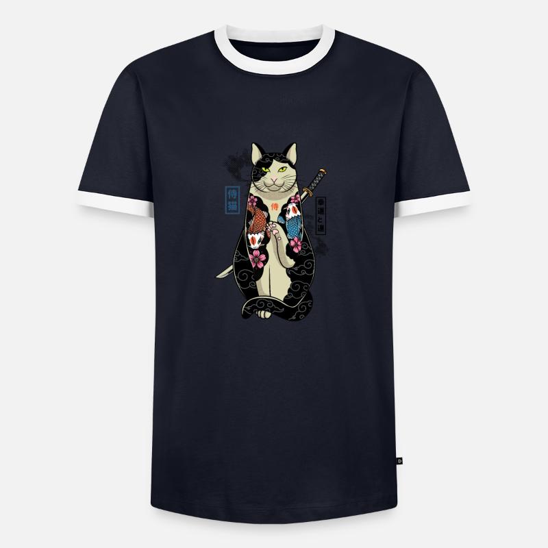 samurai cat - maneki neko - Männer Kontrast-T-Shirt - Navy/Weiß 