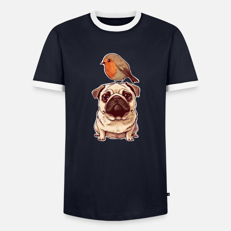 Mops mit Vogel - Männer Kontrast-T-Shirt - Navy/Weiß 