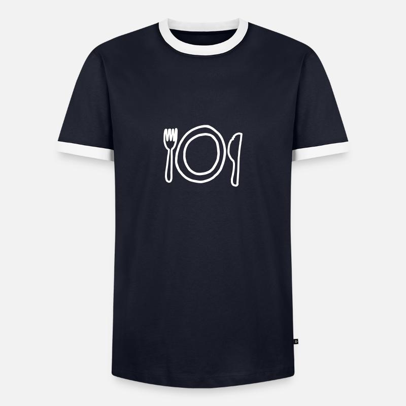 Teller,Messer,Gabel,Platte,Tafelsilber,Tischgedeck - Männer Kontrast-T-Shirt - Navy/Weiß 