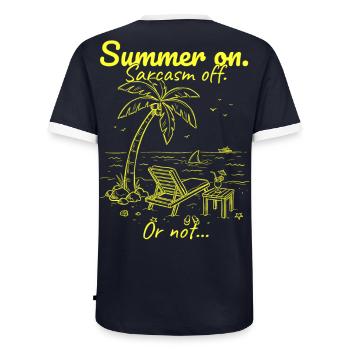 L’été commence. Sarcasme désactivé. Jaune. - T-shirt contrasté Homme - marine/blanc  - Dos - AI Model Male 178 light (178cm)