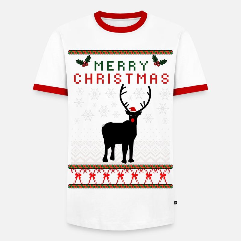 Christmas Knitting Pattern Reindeer - Men's Ringer Shirt - white/red 