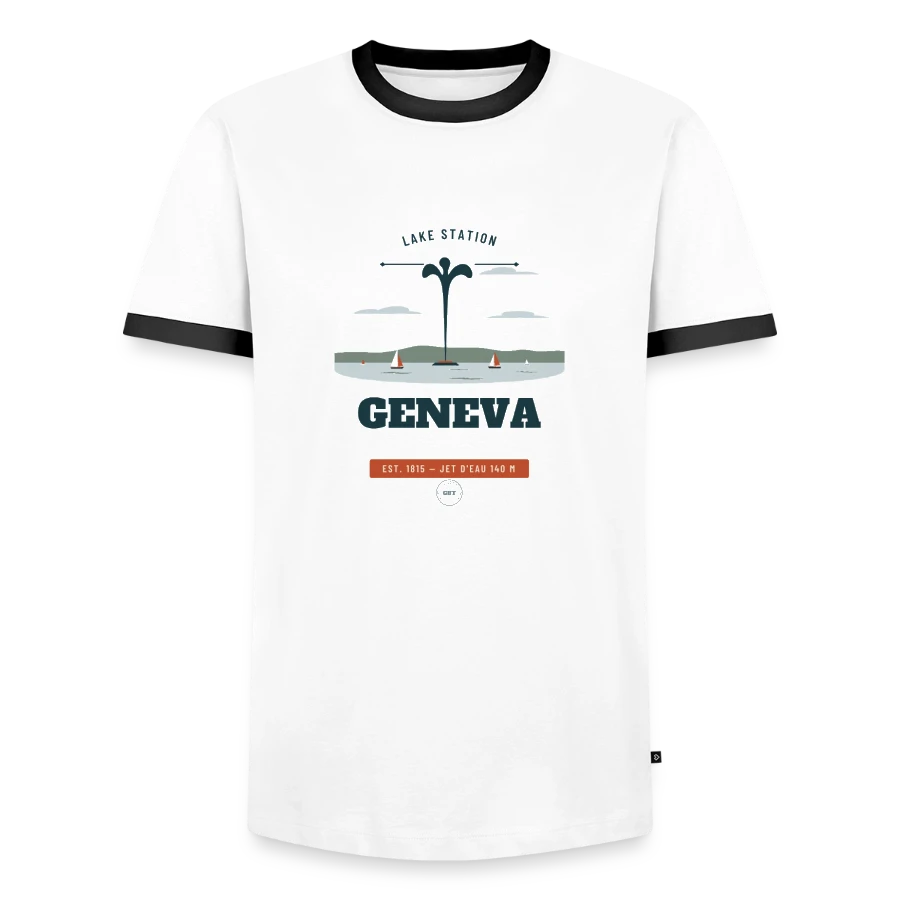 Geneva badge on a men's ringer shirt, white/black