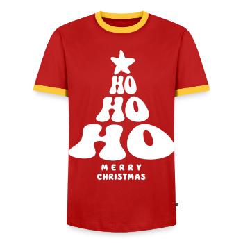 Merry Christmas - Ho ho ho - Weihnachtsbaum - Männer Kontrast-T-Shirt - Rot/Gelb  - Vorne - AI Model Female 172 light (172cm) & AI Model Male 178 dark (178cm)