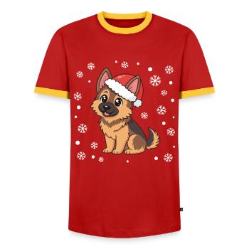 Chien Noël Cartoon chapeauté rouge - T-shirt contrasté Homme - rouge/jaune  - Devant - AI Model Female 172 light (172cm) & AI Model Male 178 dark (178cm)