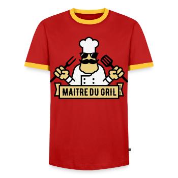 Maître Du Gril (Griller / Barbecue / BBQ / 3C) - T-shirt contrasté Homme - rouge/jaune  - Devant - AI Model Female 172 light (172cm) & AI Model Male 178 dark (178cm)