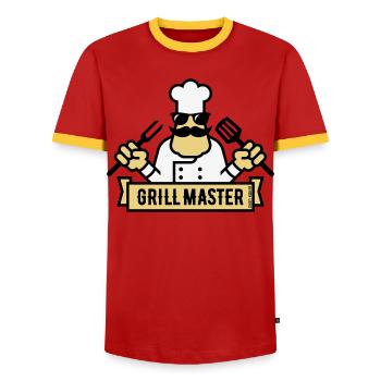 Grill Master (Grilling / Barbecue / BBQ / 3C) - Men's Ringer Shirt - red/yellow  - Front - AI Model Female 172 light (172cm) & AI Model Male 178 dark (178cm)