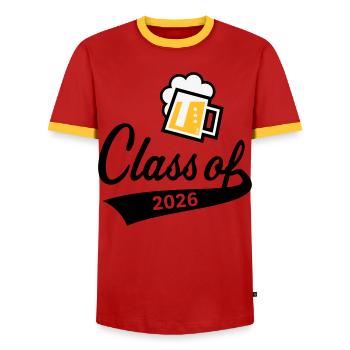 Class Of 2026 (Abschlussklasse / Bier / 3C POS) - Männer Kontrast-T-Shirt - Rot/Gelb  - Vorne - AI Model Female 172 light (172cm) & AI Model Male 178 dark (178cm)
