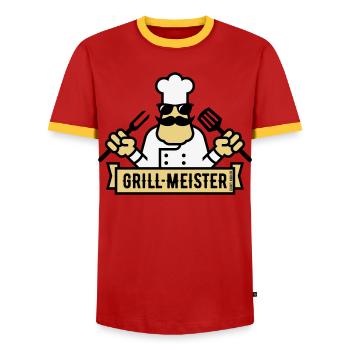 Grillmeister (Grillen / Barbecue / BBQ / 3C) - Männer Kontrast-T-Shirt - Rot/Gelb  - Vorne - AI Model Female 172 light (172cm) & AI Model Male 178 dark (178cm)