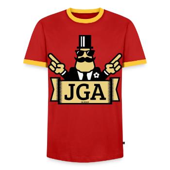 Bachelor Party Hand Show (Bachelor Party / 3C) - Men's Ringer Shirt - red/yellow  - Front - AI Model Female 172 light (172cm) & AI Model Male 178 dark (178cm)