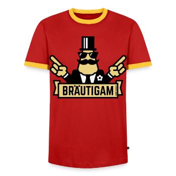 Concours de la main du marié (enterrement de vie de garçon / enterrement de vie de garçon / 3C) - T-shirt contrasté Homme - rouge/jaune  - Devant - AI Model Female 172 light (172cm) & AI Model Male 178 dark (178cm)