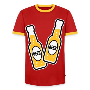 2 Grillage des bouteilles de bière (Beery / POS 3C) - T-shirt contrasté Homme - rouge/jaune  - Devant - AI Model Female 172 light (172cm) & AI Model Male 178 dark (178cm)