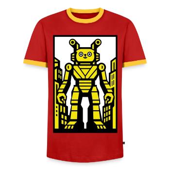Cat Robot in Stadtlandschaft - Männer Kontrast-T-Shirt - Rot/Gelb  - Vorne - AI Model Female 172 light (172cm) & AI Model Male 178 dark (178cm)