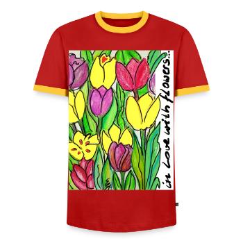 EG Flowers ITulpen IGarden I flowers I birthday - Men's Ringer Shirt - red/yellow  - Front - AI Model Female 172 light (172cm) & AI Model Male 178 dark (178cm)