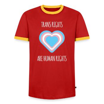 Mois de la fierté - Trans Rights Art Human Rights - T-shirt contrasté Homme - rouge/jaune  - Devant - AI Model Female 172 light (172cm) & AI Model Male 178 dark (178cm)