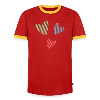 HEART. DAD. MOM. Bachelorette party. BEBE. CHILD. HEART. FEAST - Men's Ringer Shirt - red/yellow  - Front - AI Model Female 172 light (172cm) & AI Model Male 178 dark (178cm)
