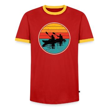 Sunset Kayak Duo Circle - Men's Ringer Shirt - red/yellow  - Front - AI Model Female 172 light (172cm) & AI Model Male 178 dark (178cm)