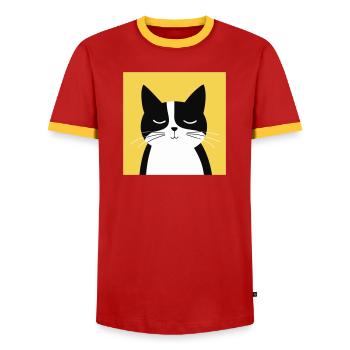 Minimalist Black and White Cat - Men's Ringer Shirt - red/yellow  - Front - AI Model Female 172 light (172cm) & AI Model Male 178 dark (178cm)
