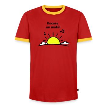 Ein weiterer Morgen - Männer Kontrast-T-Shirt - Rot/Gelb  - Vorne - AI Model Female 172 light (172cm) & AI Model Male 178 dark (178cm)