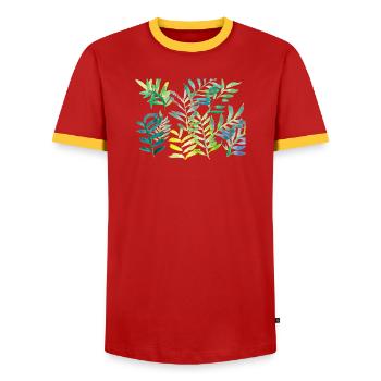 Water-coloured leaf branches - Men's Ringer Shirt - red/yellow  - Front - AI Model Female 172 light (172cm) & AI Model Male 178 dark (178cm)