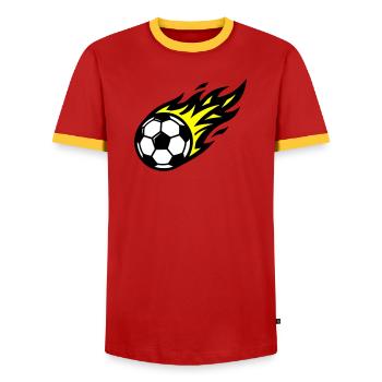 Soccer Flame Ball - Men's Ringer Shirt - red/yellow  - Front - AI Model Female 172 light (172cm) & AI Model Male 178 dark (178cm)