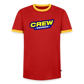 Crew Member - Men's Ringer Shirt - red/yellow  - Front - AI Model Female 172 light (172cm) & AI Model Male 178 dark (178cm)