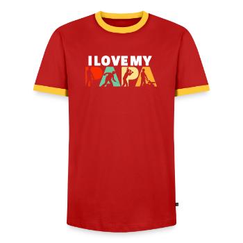 J’adore mon emploi industriel de Papa Ouvrier de l’Acier - T-shirt contrasté Homme - rouge/jaune  - Devant - AI Model Female 172 light (172cm) & AI Model Male 178 dark (178cm)