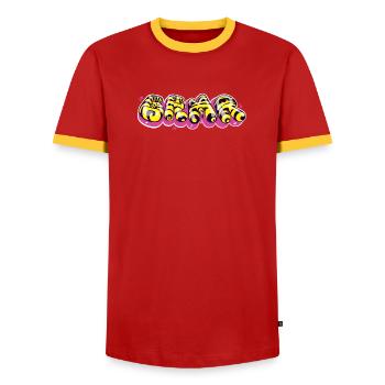 Colorful Graffiti-Style Text Design - Men's Ringer Shirt - red/yellow  - Front - AI Model Female 172 light (172cm) & AI Model Male 178 dark (178cm)