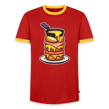 Raclette avec Fromage Fondant Montagne et Fondue - T-shirt contrasté Homme - rouge/jaune  - Devant - AI Model Female 172 light (172cm) & AI Model Male 178 dark (178cm)