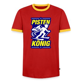 Pisten König Ski - Männer Kontrast-T-Shirt - Rot/Gelb  - Vorne - AI Model Female 172 light (172cm) & AI Model Male 178 dark (178cm)
