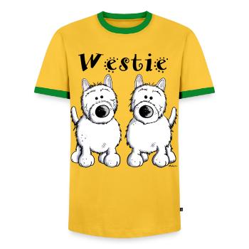 Cute West Highland Terrier - Men's Ringer Shirt - yellow/green  - Front - AI Model Female 172 light (172cm) & AI Model Male 178 dark (178cm)