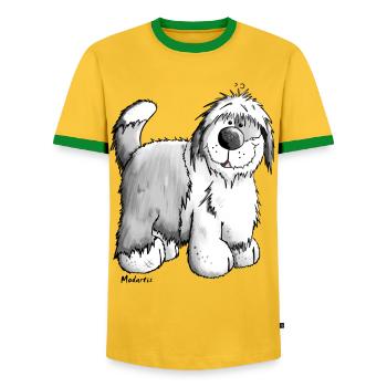 Bobby the Bobtail - Men's Ringer Shirt - yellow/green  - Front - AI Model Female 172 light (172cm) & AI Model Male 178 dark (178cm)