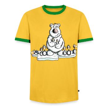 Ours Polaire avec les pingouins - T-shirt contrasté Homme - jaune/vert  - Devant - AI Model Female 172 light (172cm) & AI Model Male 178 dark (178cm)